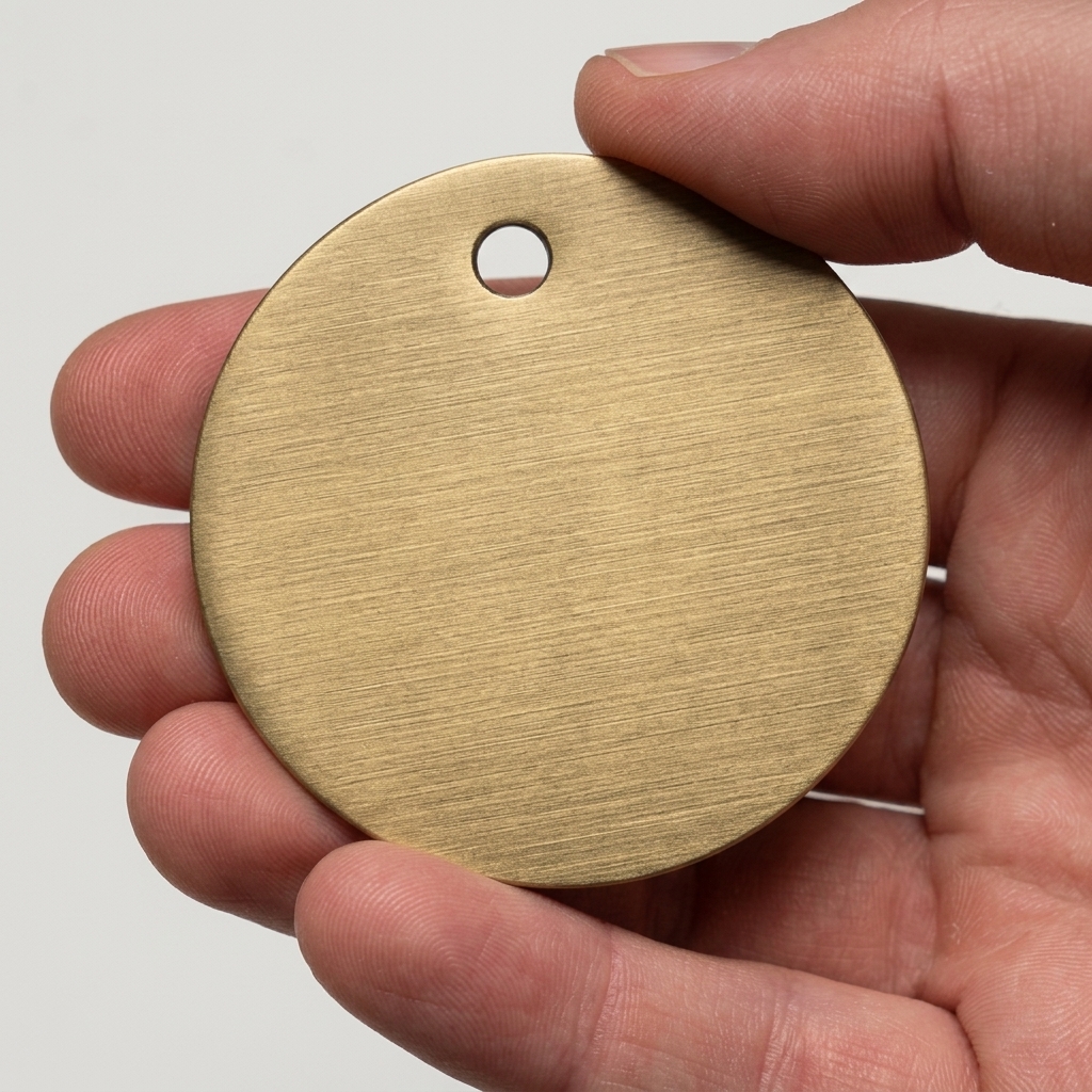 Client finish sample, plated brass disc photographed in hand